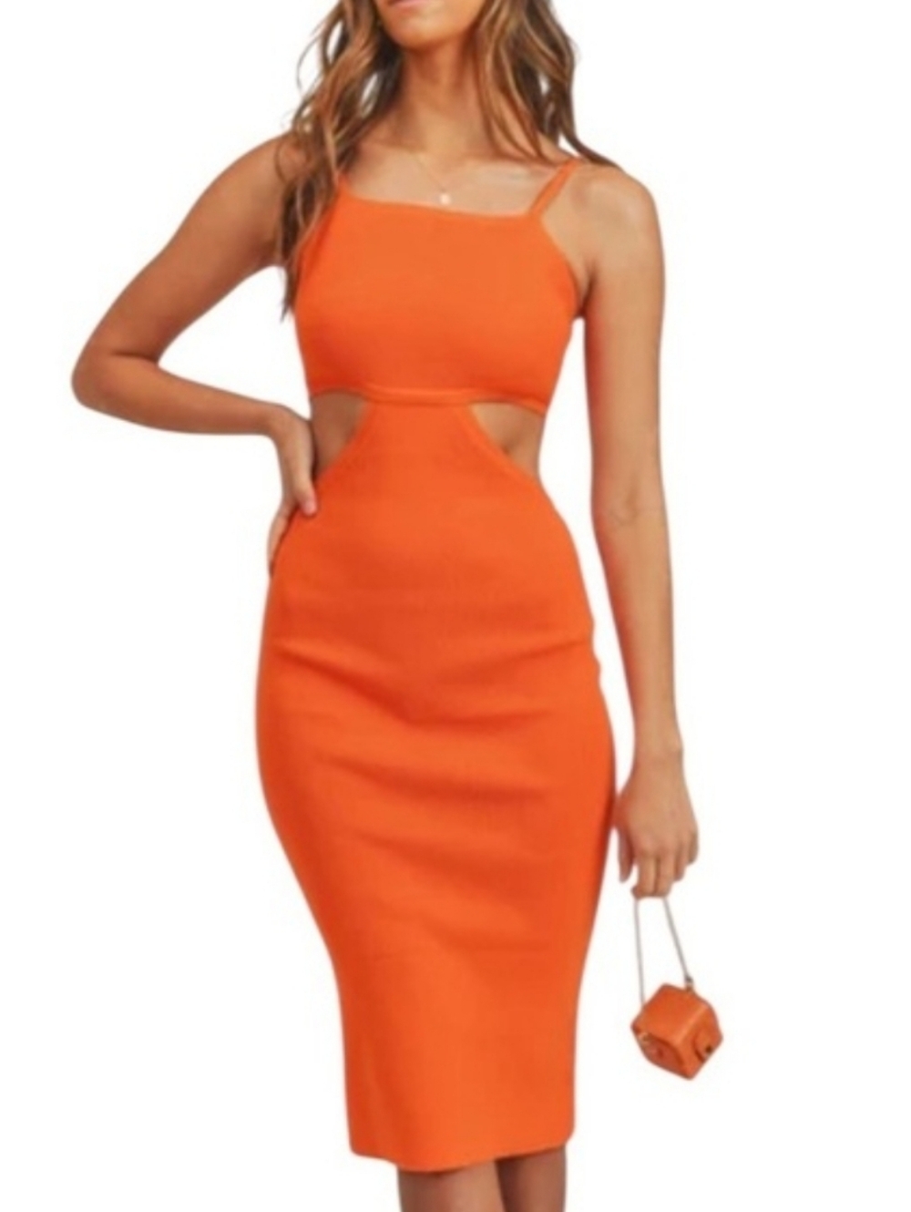 Mable Orange Cutout Ribbed Knit Bodycon Midi Dress With Adjustable Skinny Straps